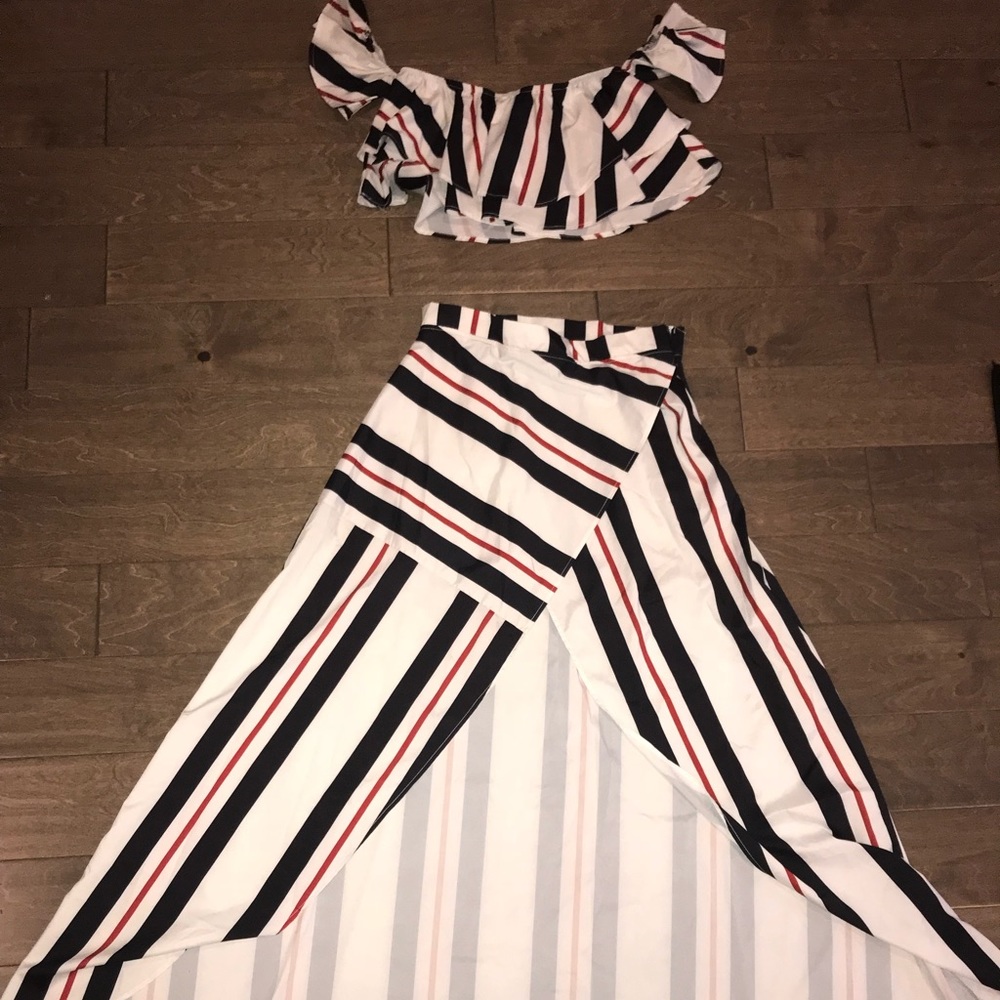 Stripe 2 Piece Matching Crop Skirt Set